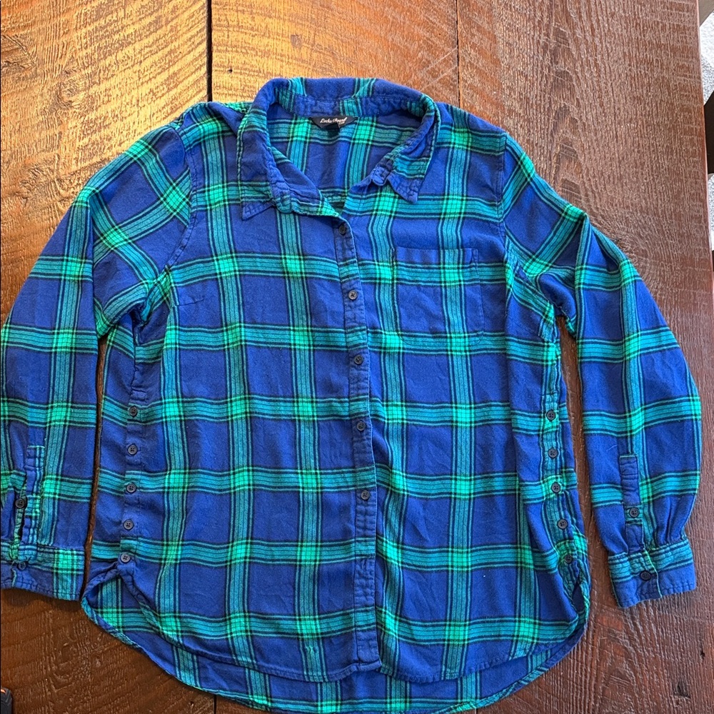 Lucky Brand Plaid Flannel Shirt Womens XL Blue Green Button Down Soft